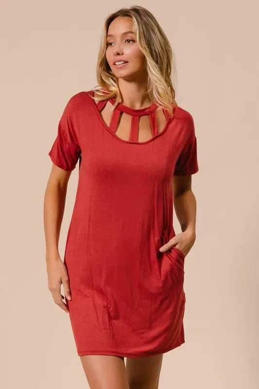 BiBi Front Cutout Mini Tee Dress with Pockets - Trendsi - Flyclothing LLC