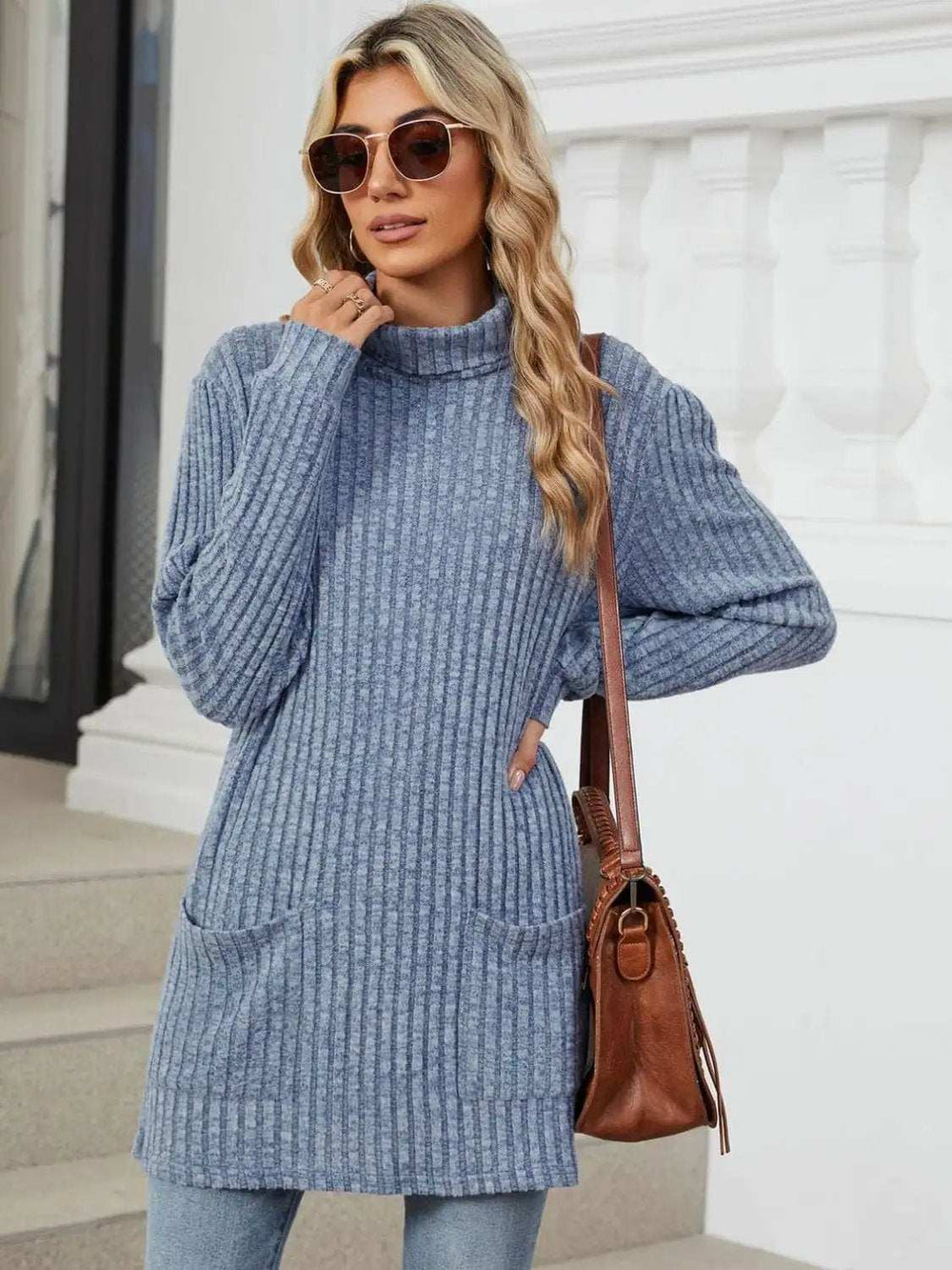 Ribbed Mock Neck Long Sleeve T-Shirt - Trendsi - Flyclothing LLC