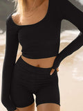 Scoop Neck Long Sleeve Top and Shorts Set - Trendsi - Flyclothing LLC
