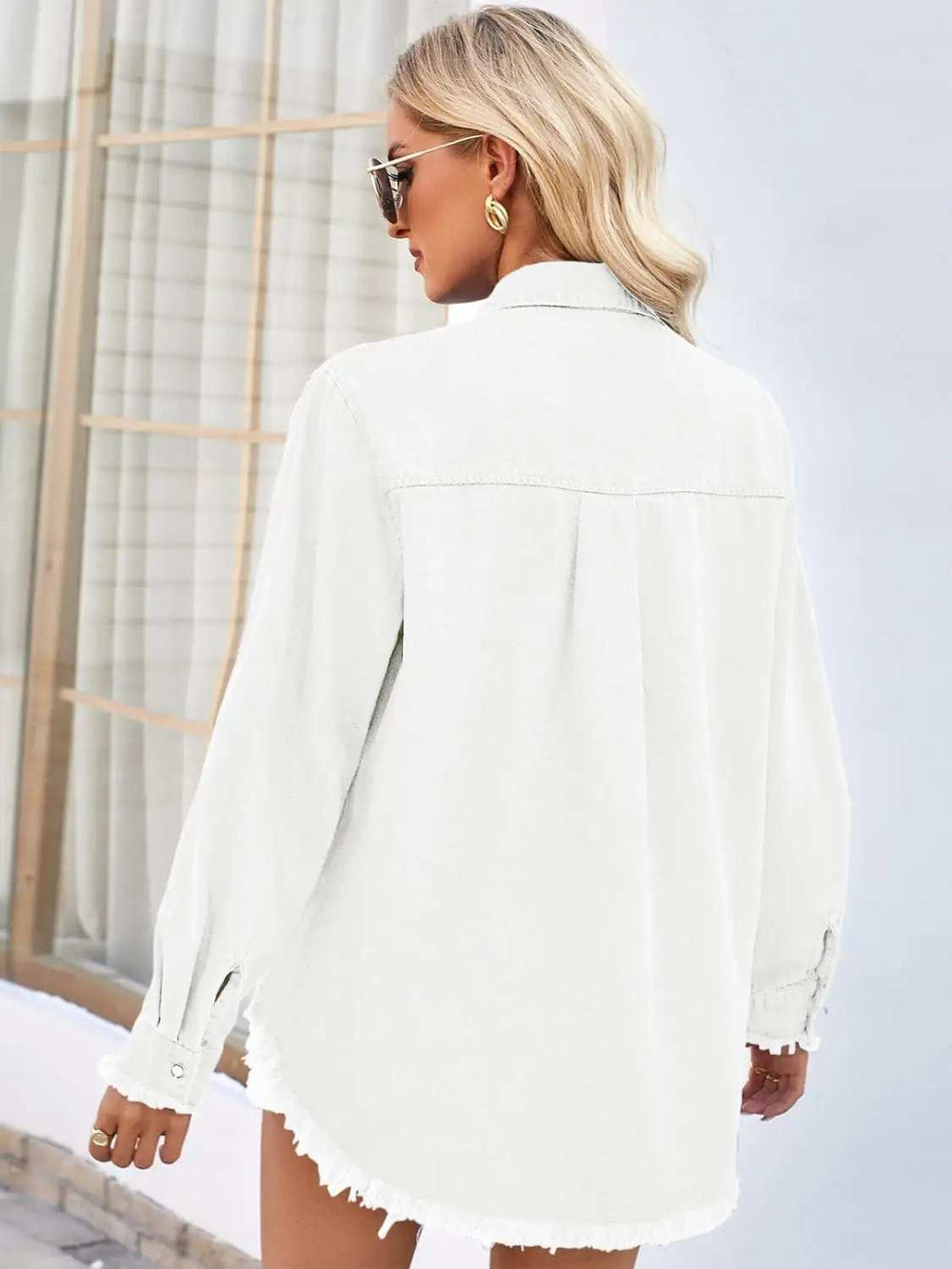 Raw Hem Button Up Long Sleeve Denim Jacket with Sequin Pockets - Trendsi - Flyclothing LLC