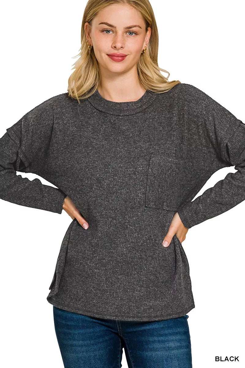Zenana Ribbed Brushed Melange Hacci Sweater with Chest Pocket - Trendsi - Flyclothing LLC