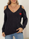 Cable-Knit Heart V-Neck Sweater - Trendsi - Flyclothing LLC