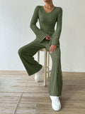 Ribbed V-Neck Long Sleeve Top and Pocketed Pants Set - Trendsi - Flyclothing LLC
