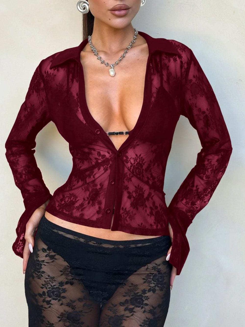 Devine Plunge Long Sleeve Lace Top - Trendsi - Flyclothing LLC