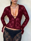Devine Plunge Long Sleeve Lace Top - Trendsi - Flyclothing LLC
