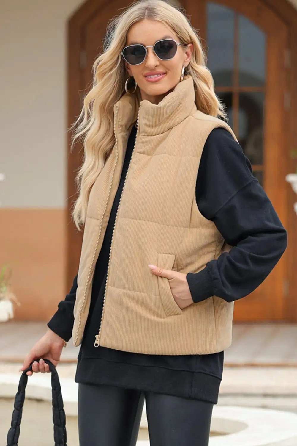 Pocketed Zip Up Turtleneck Vest Coat - Trendsi - Flyclothing LLC