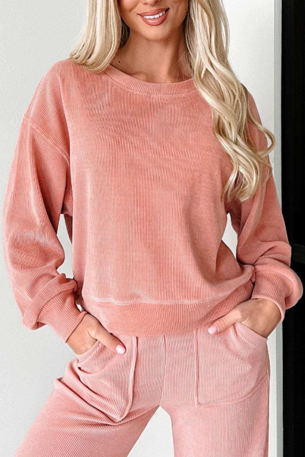 Round Neck Long Sleeve Top and Pants Set - Trendsi - Flyclothing LLC