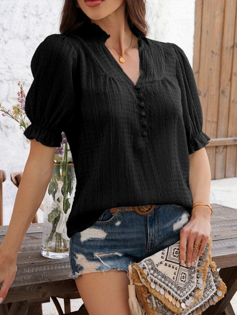 Devine Frill Notched Short Sleeve Blouse - Trendsi - Flyclothing LLC