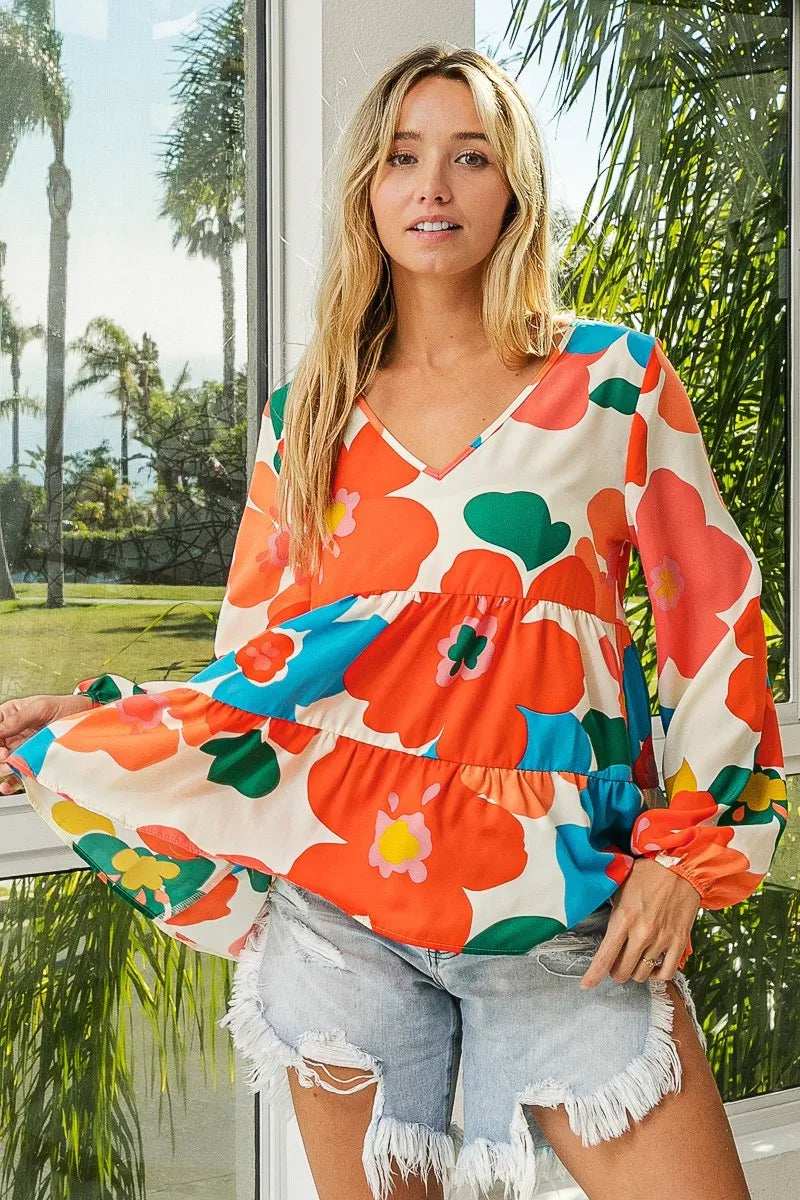 BiBi Floral Woven Tiered V Neck Top - Trendsi - Flyclothing LLC