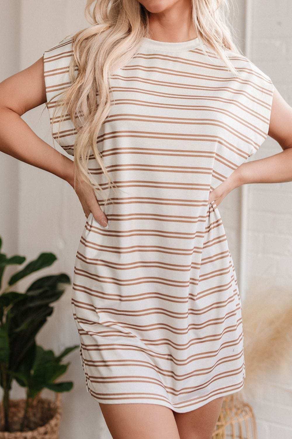 Stripe Round Neck Sleeveless Pocketed Mini Dress - Trendsi - Flyclothing LLC