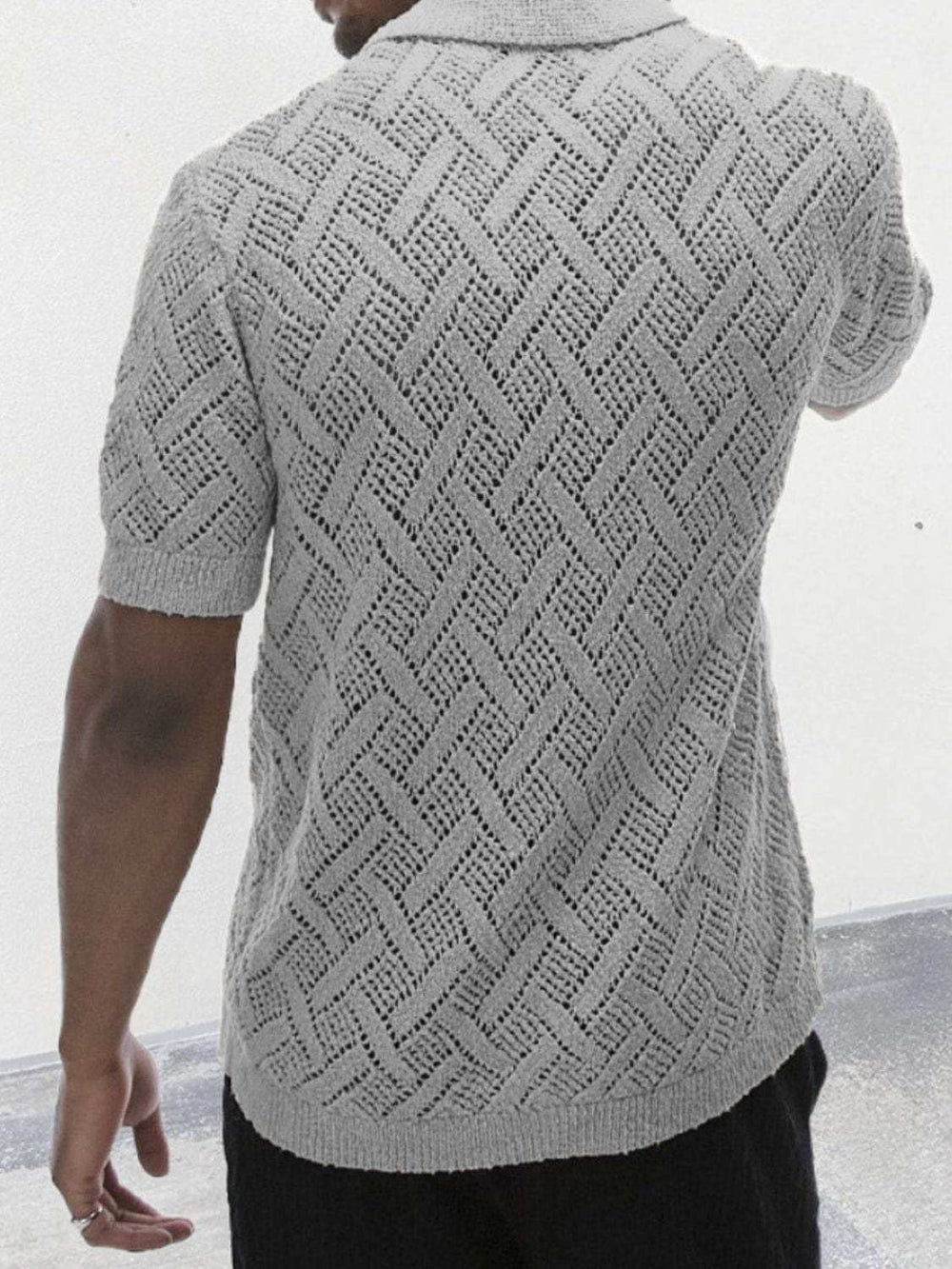 Men's Button Down Collared Neck Eyelet Knit Shirt - Trendsi - Flyclothing LLC