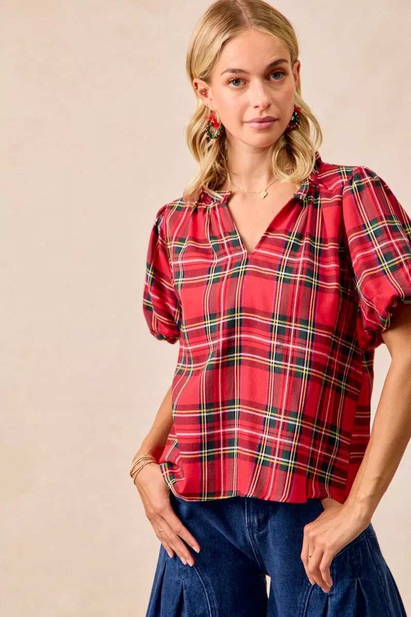 BiBi Christmas Plaid Short Sleeves Ruffled Blouse - Trendsi - Flyclothing LLC