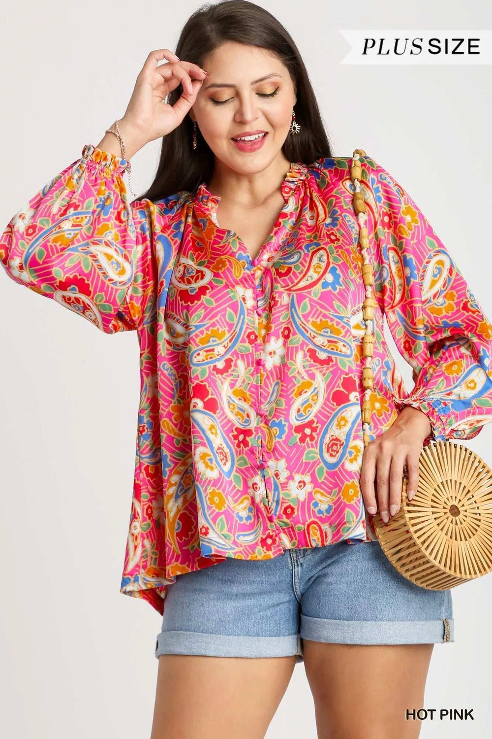 Umgee Full Size Satin Paisley Ruffle Neck Button-Up Shirt Plus Size - Trendsi - Flyclothing LLC
