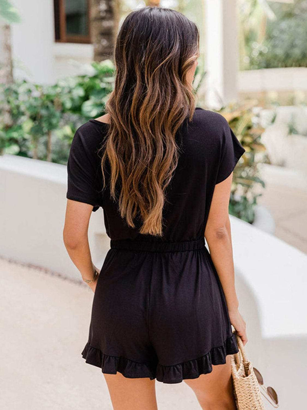 Ruffled Boat Neck Short Sleeve Romper - Trendsi - Flyclothing LLC