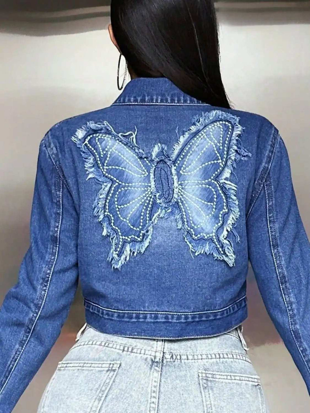 Butterfly Patch Long Sleeve Cropped Denim Top - Trendsi - Flyclothing LLC