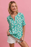 BiBi Flower Printed Woven Smocking Sleeves V Neck Top - Trendsi - Flyclothing LLC