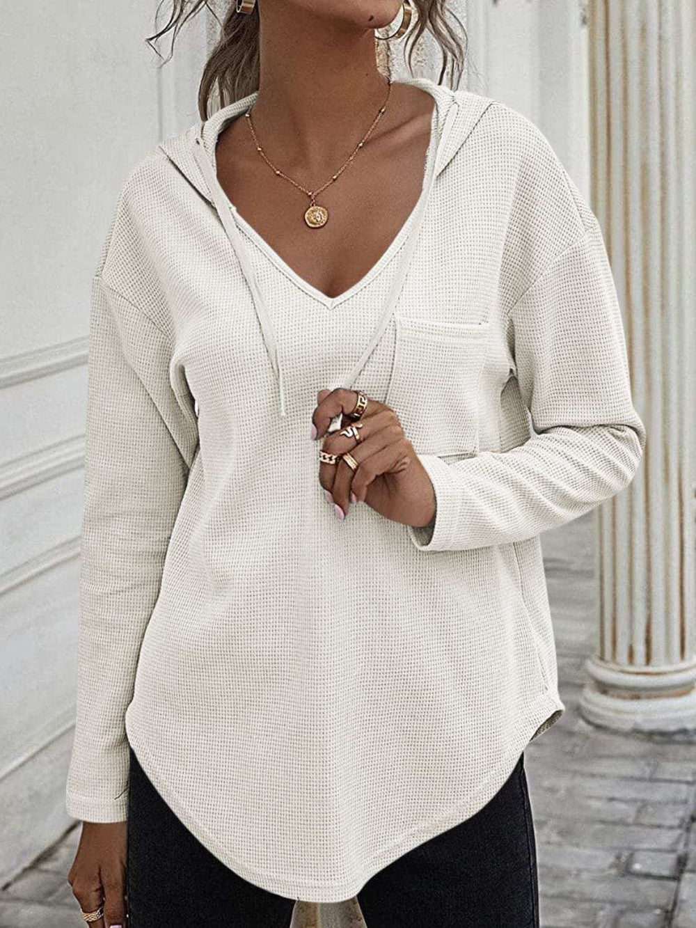 Drawstring Waffle Knit Long Sleeve Hooded Top - Trendsi - Flyclothing LLC