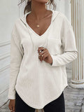 Drawstring Waffle Knit Long Sleeve Hooded Top - Trendsi - Flyclothing LLC