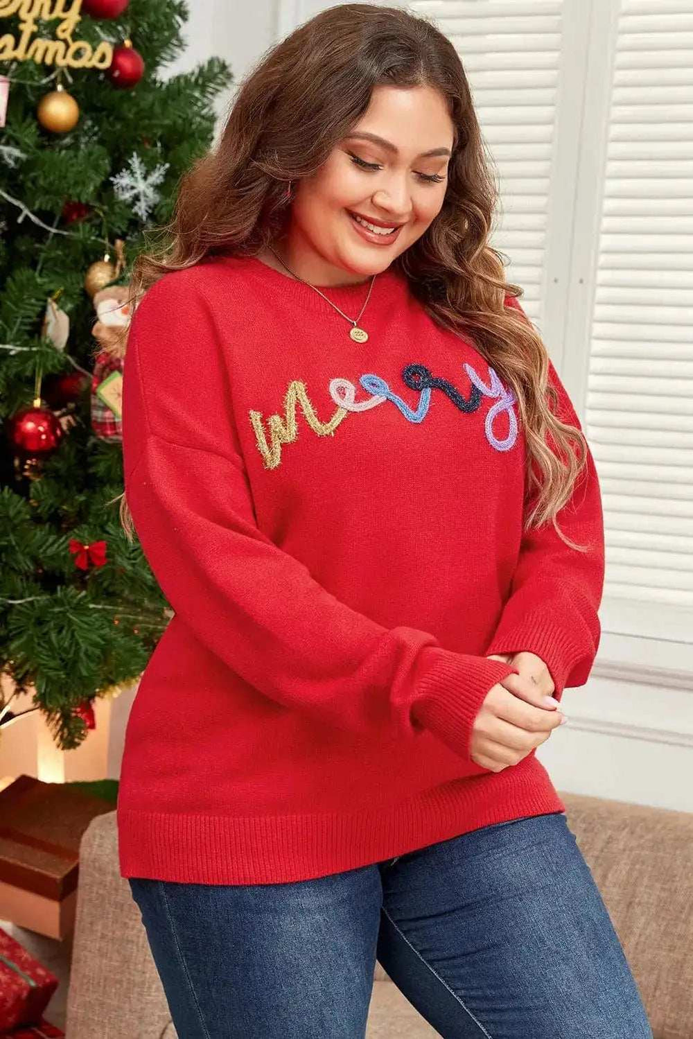 Plus Size MERRY Round Neck Long Sleeve Sweater - Trendsi - Flyclothing LLC