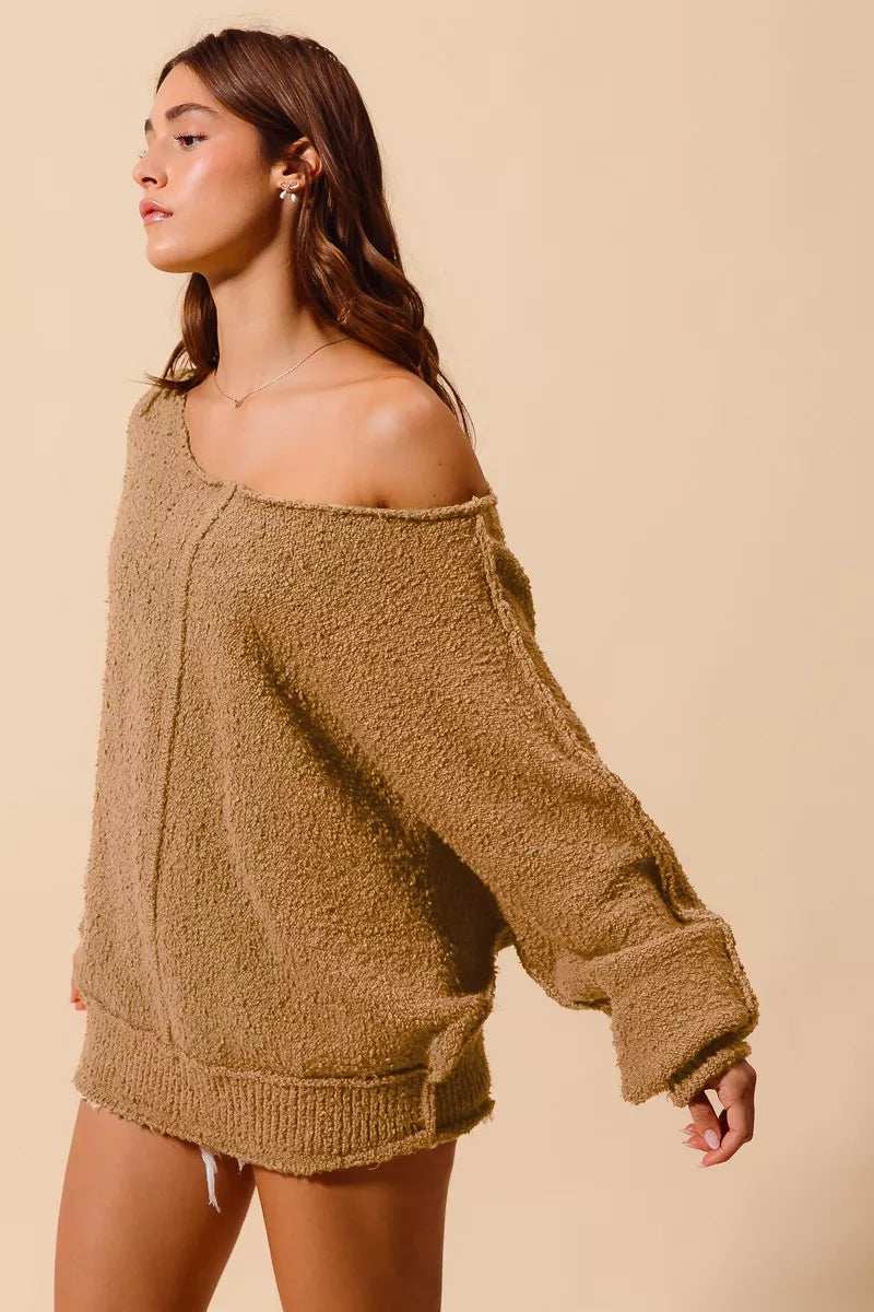 SO ME Loose Fit Exposed Seam Slouchy Boucle Sweater - Trendsi - Flyclothing LLC