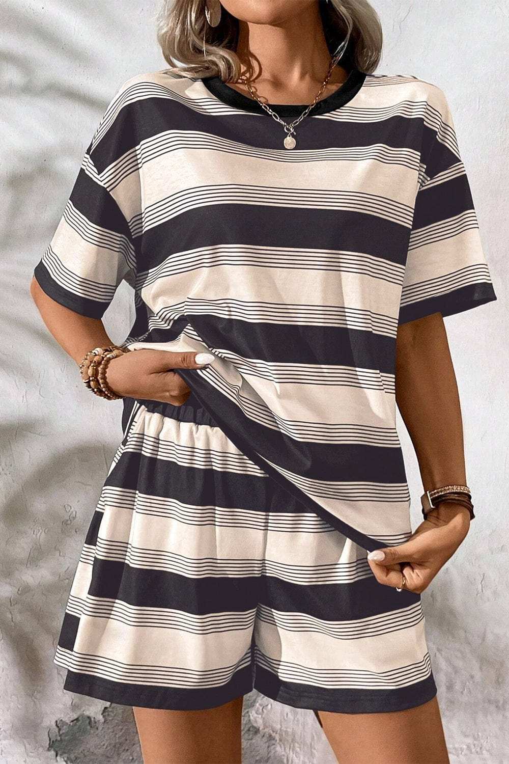 Stripe Half Sleeve T-Shirt and High Waist Pocketed Shorts Set - Trendsi - Flyclothing LLC