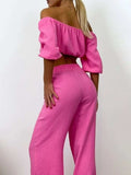Off Shoulder Long Sleeve Top and Pants Set - Trendsi - Flyclothing LLC