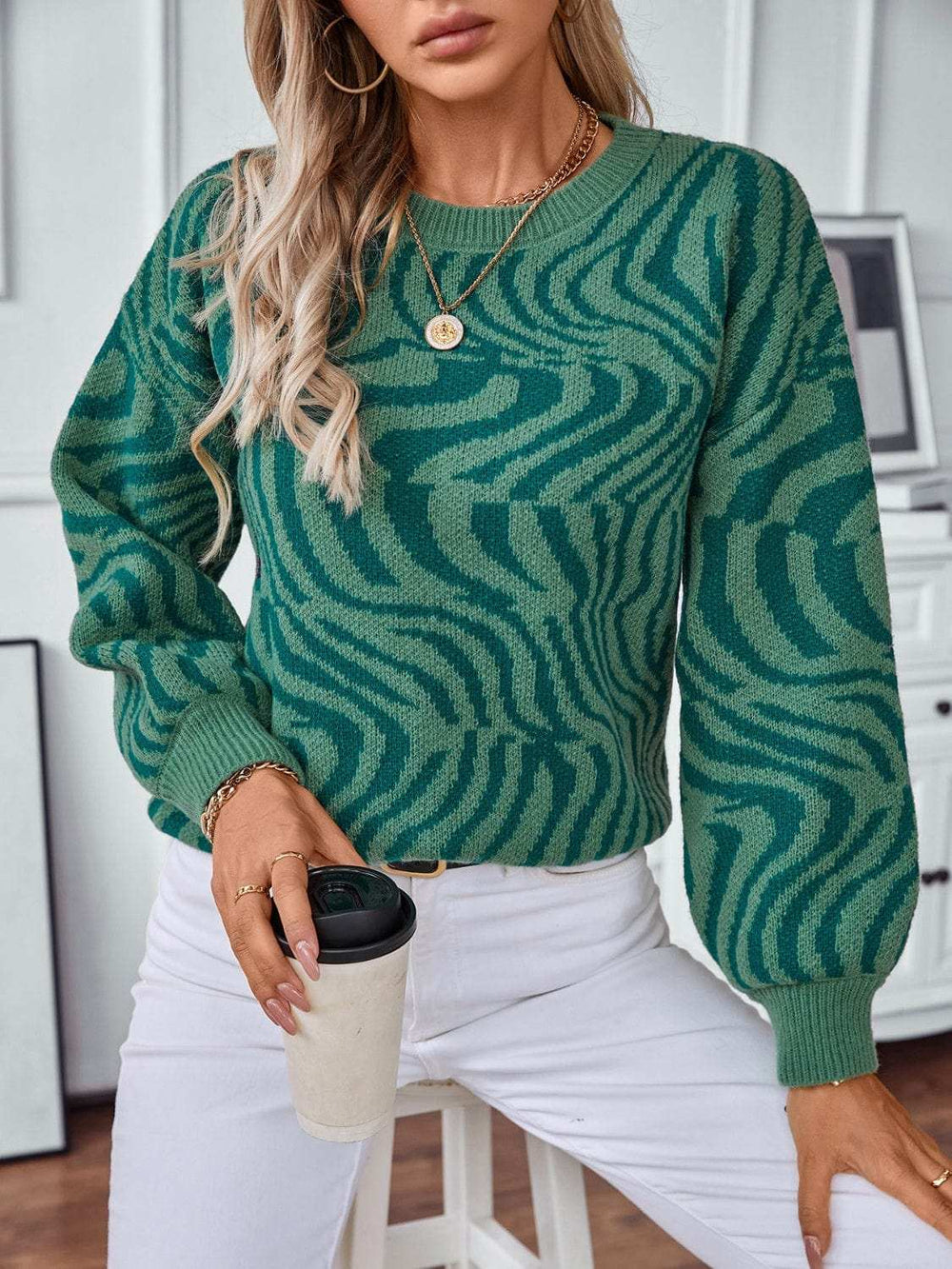Geometric Round Neck Long Sleeve Sweater - Trendsi - Flyclothing LLC