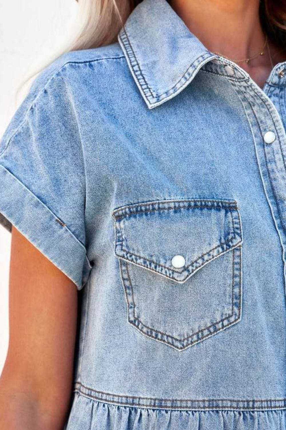 Raw Hem Button Down Denim Mini Dress - Trendsi - Flyclothing LLC