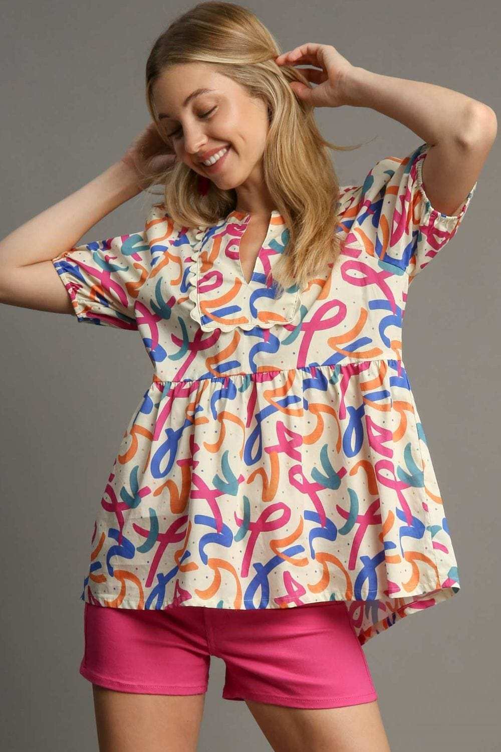 Umgee Full Size Mixed Print Puff Sleeve Babydoll Blouse Plus Size - Trendsi - Flyclothing LLC