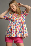 Umgee Full Size Mixed Print Puff Sleeve Babydoll Blouse Plus Size - Trendsi - Flyclothing LLC