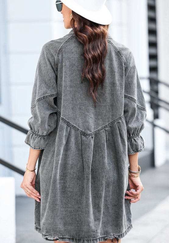 Distressed Collared Neck Flounce Sleeve Denim Dress - Trendsi - Flyclothing LLC
