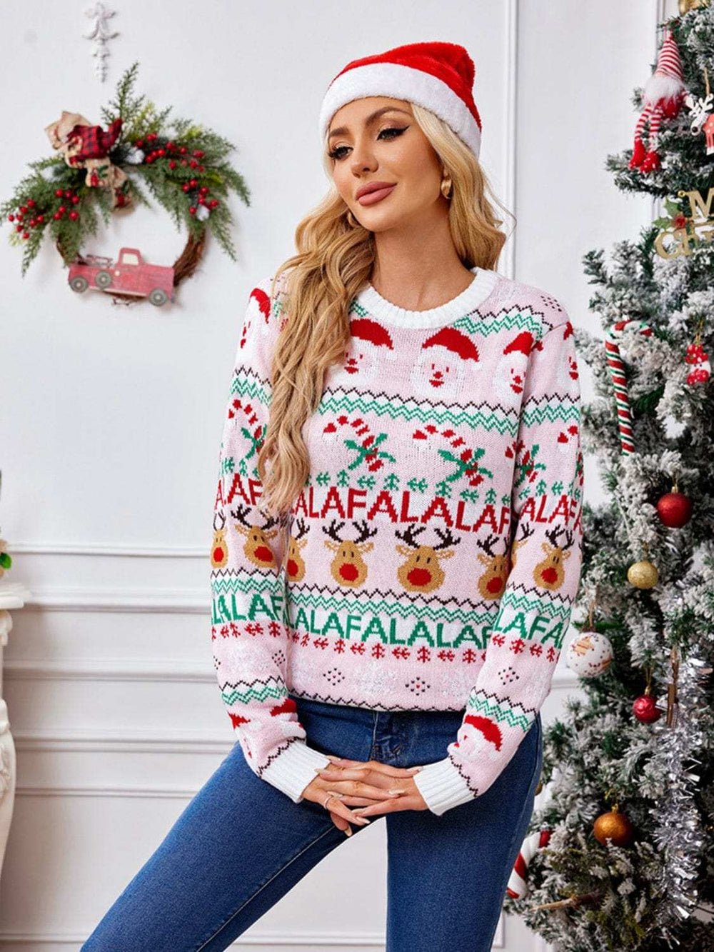 Christmas Element Round Neck Long Sleeve Sweater - Trendsi - Flyclothing LLC