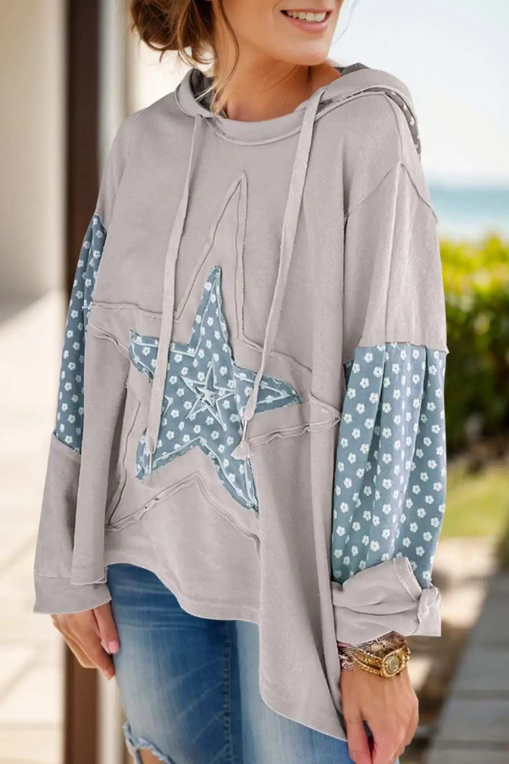 Drawstring Star Long Sleeve Hoodie - Trendsi - Flyclothing LLC
