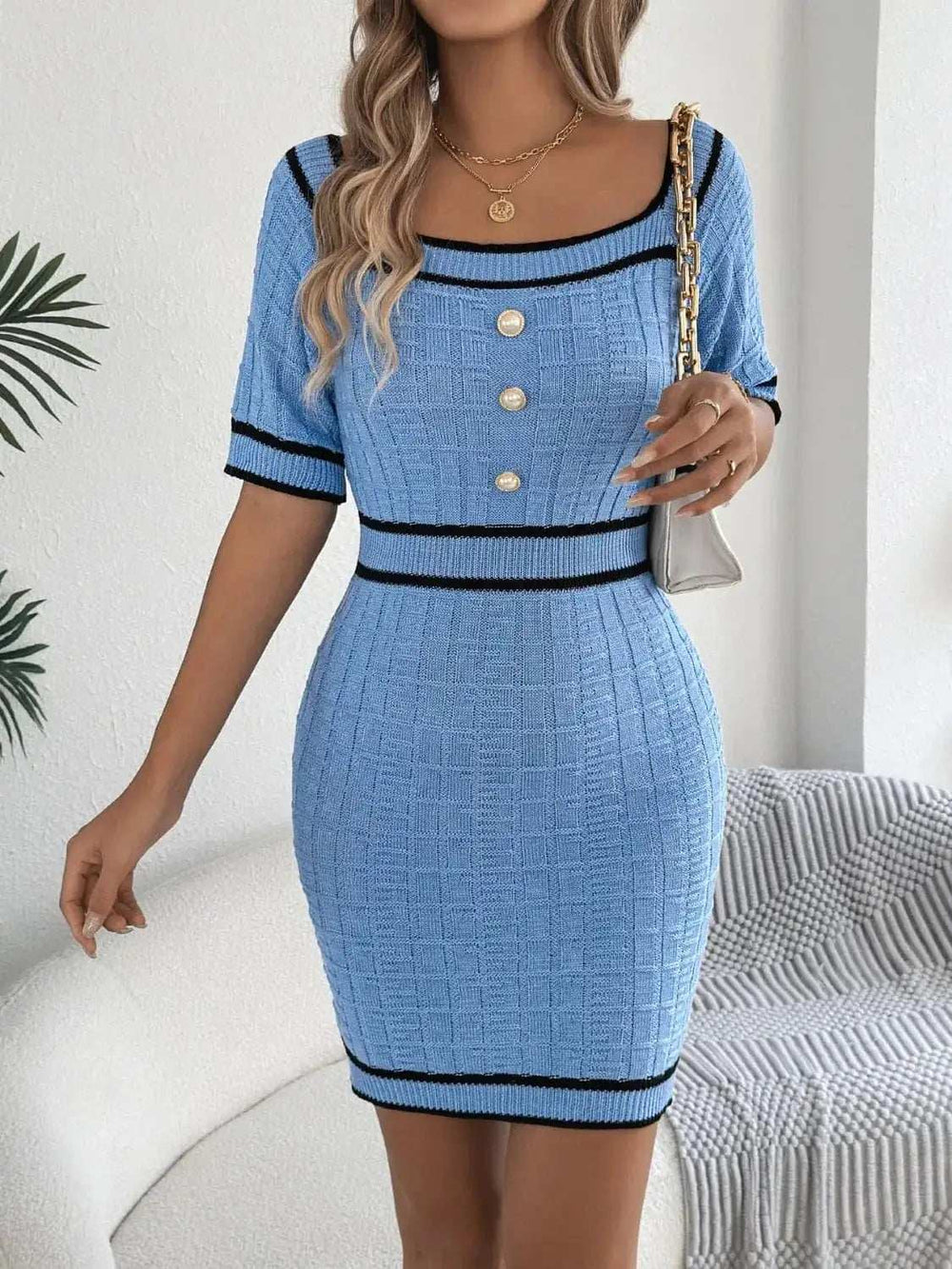 Decorative Button Short Sleeve Sweater Dress - Trendsi - Flyclothing LLC