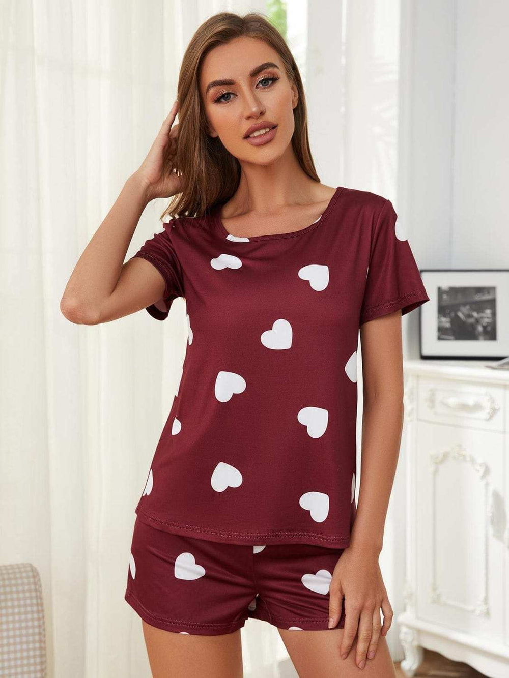 Heart Round Neck Top and Shorts Lounge Set - Trendsi - Flyclothing LLC