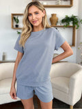 Double Take Full Size Texture Short Sleeve T-Shirt and Drawstring Shorts Set - Trendsi - Flyclothing LLC