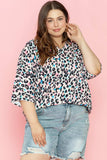 Plus Size Leopard V-Neck Three-Quarter Sleeve Blouse - Trendsi - Flyclothing LLC