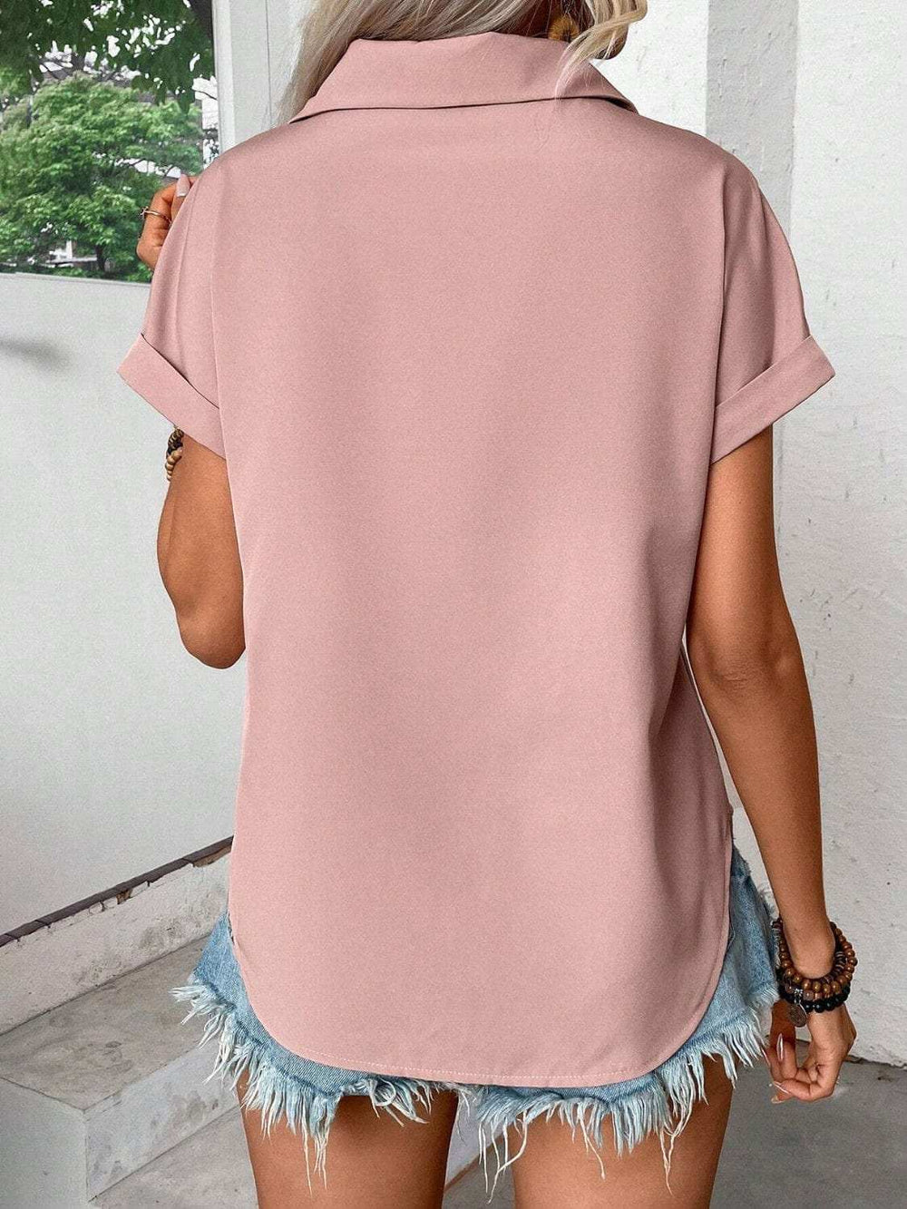 Pleated Detail Collared Neck Short Sleeve Shirt - Trendsi - Flyclothing LLC