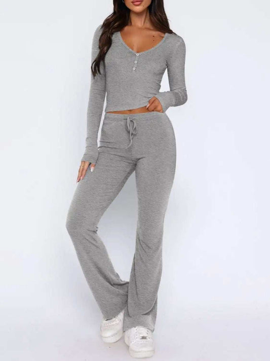 V-Neck Long Sleeve Top and Pants Set - Trendsi - Flyclothing LLC
