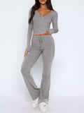 V-Neck Long Sleeve Top and Pants Set - Trendsi - Flyclothing LLC