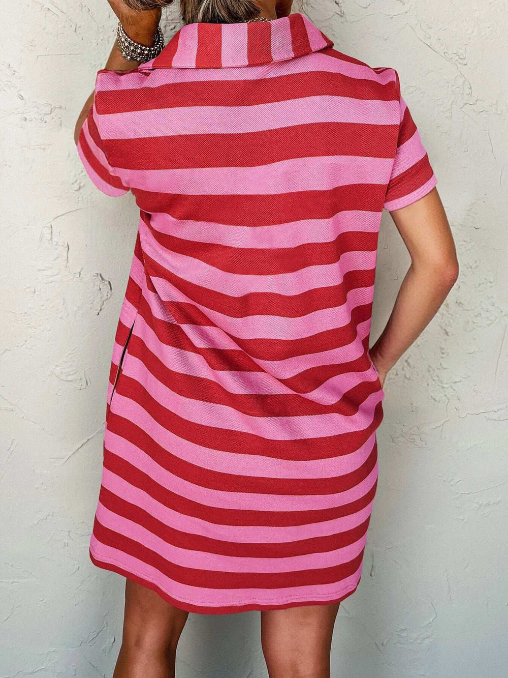 Striped Johnny Collar Short Sleeve Dress - Trendsi - Flyclothing LLC