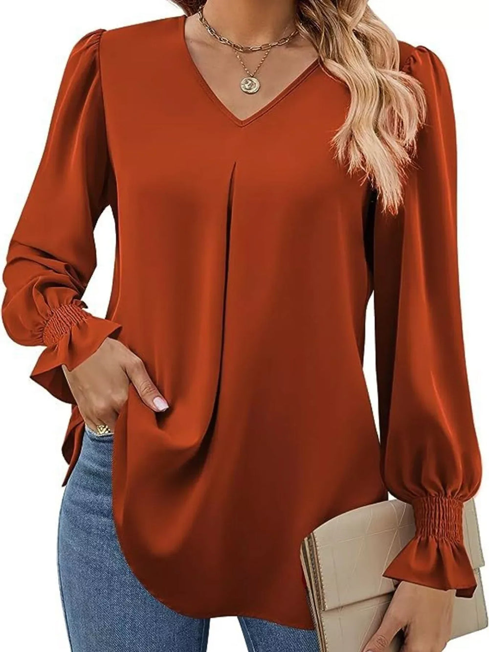 V-Neck Long Sleeve Ruffle Cuff Blouse - Trendsi - Flyclothing LLC