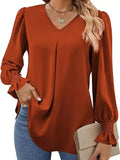 V-Neck Long Sleeve Ruffle Cuff Blouse - Trendsi - Flyclothing LLC