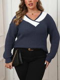 Plus Size Contrast Dropped Shoulder Long Sleeve Sweater - Trendsi - Flyclothing LLC