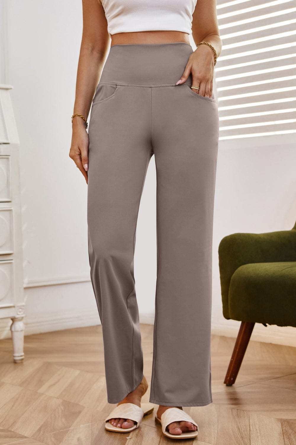 High Waist Wide Leg Pants with Pockets - Trendsi - Flyclothing LLC