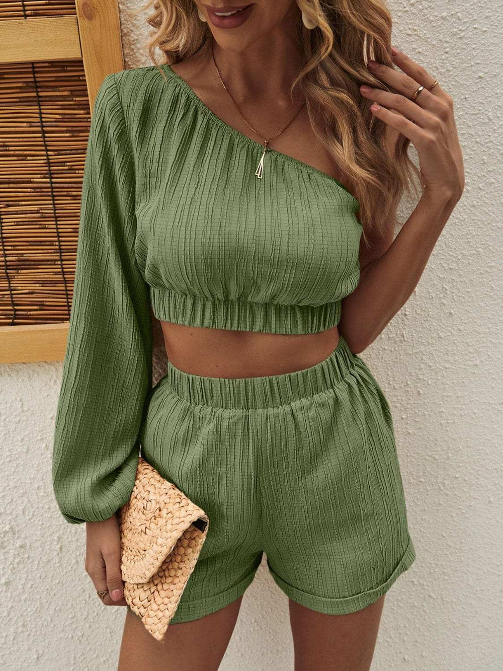 One Shoulder Long Sleeve Top and Shorts Set - Trendsi - Flyclothing LLC