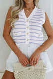 Stripe V Neck Gold Buttons Elegant Sweater Vest - Trendsi - Flyclothing LLC