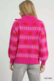 Umgee Floral Patterned Jacquard Quarter-Zip Pullover Sweater - Trendsi - Flyclothing LLC