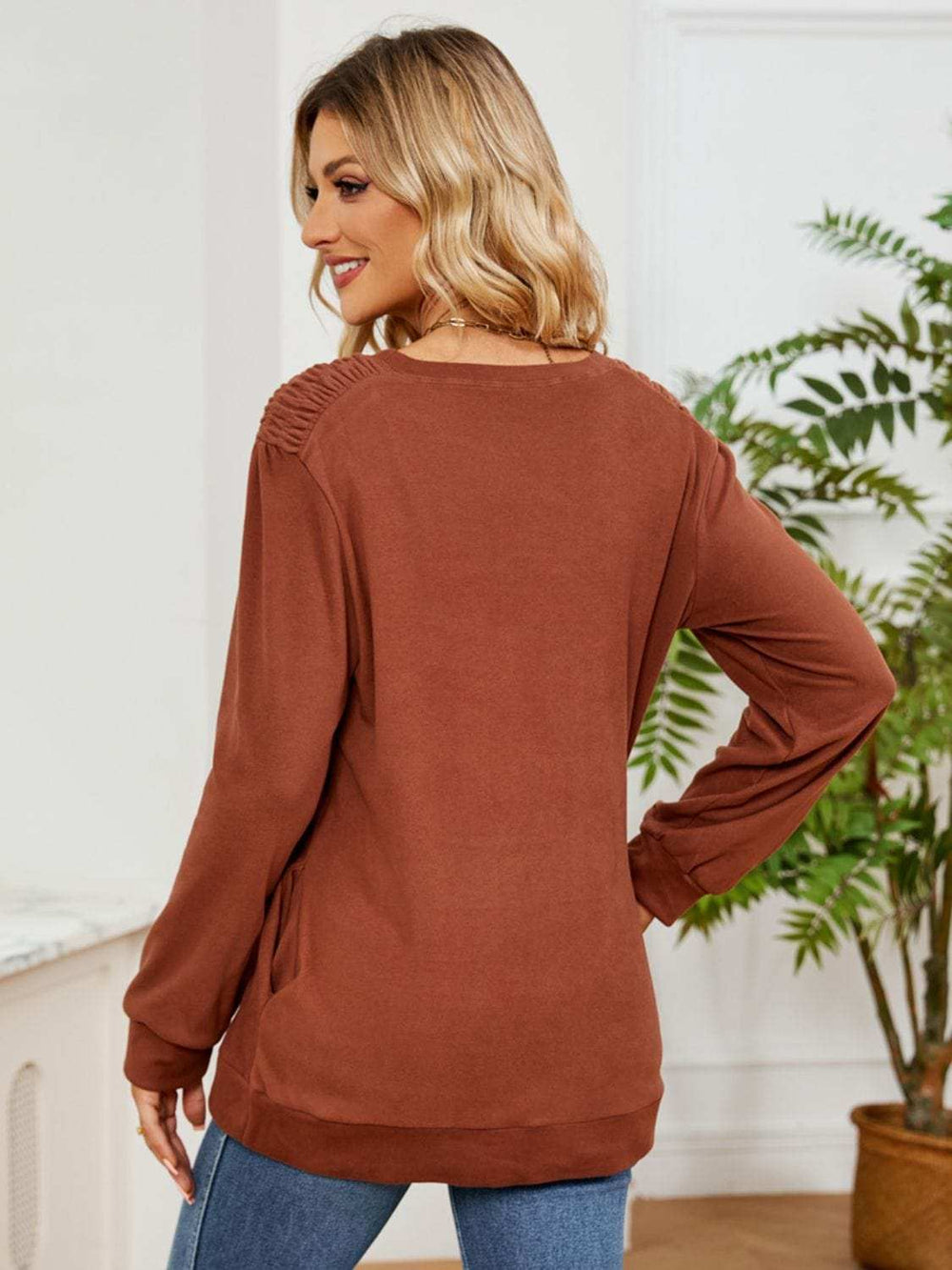 Ruched Shoulder Round Neck Long Sleeve Sweatshirt - Trendsi - Flyclothing LLC