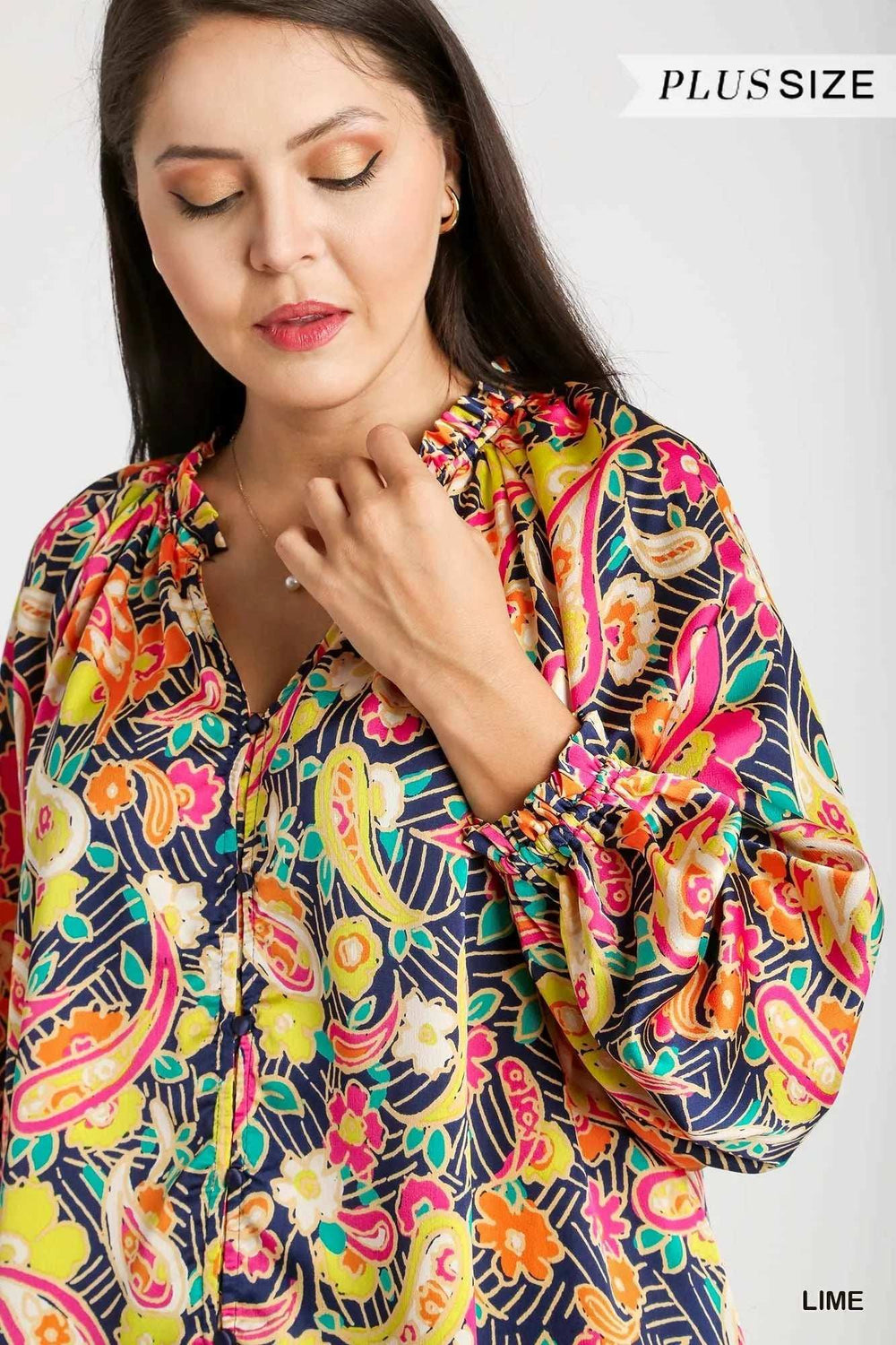 Umgee Full Size Satin Paisley Ruffle Neck Button-Up Shirt Plus Size - Trendsi - Flyclothing LLC